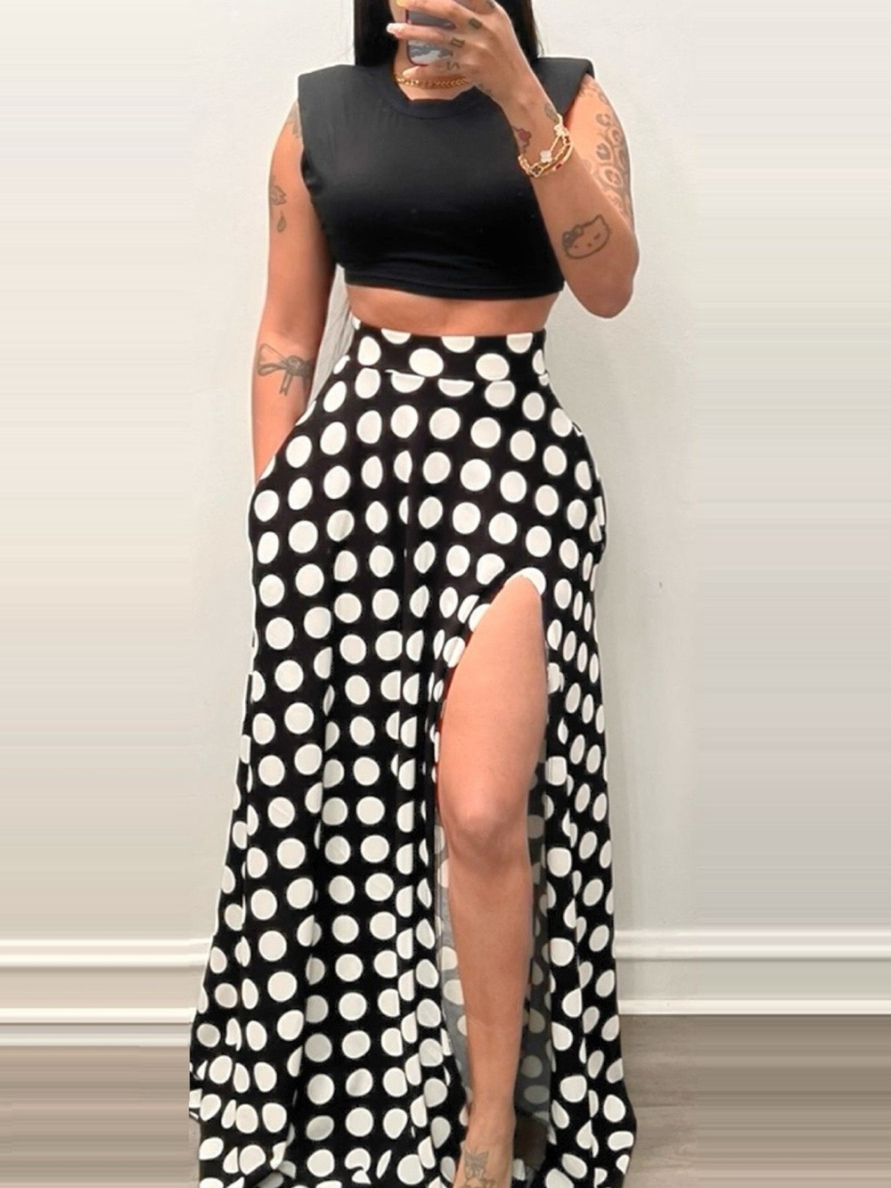 Polka Dot High Slit Maxi Skirt